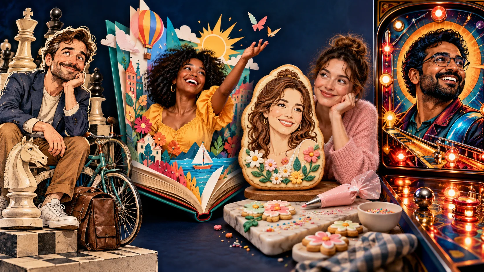 Four synthetic examples of playful portraits: caricature, pop-up book, decorated cookie and pinball art