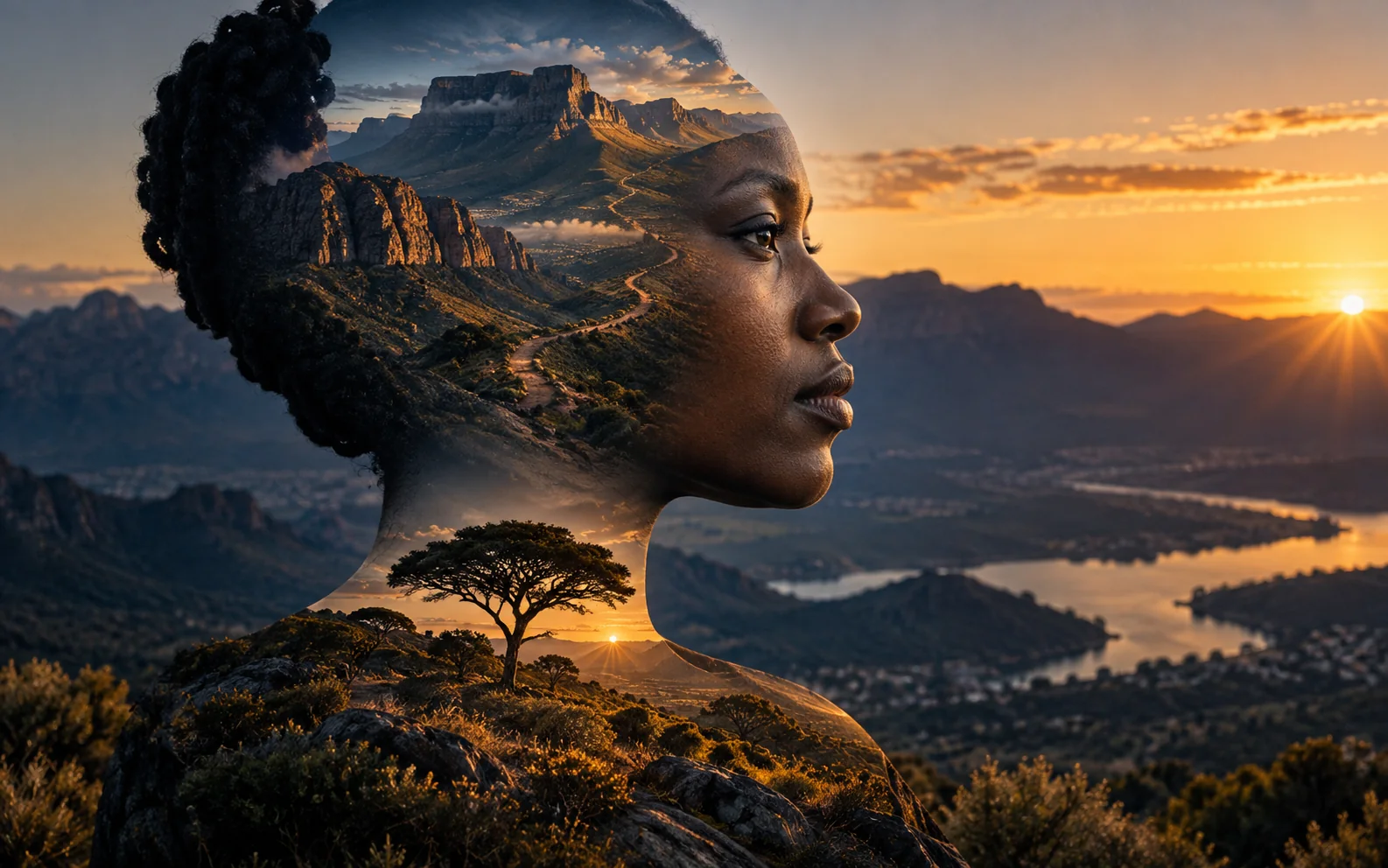 Fine-art double exposure combining an adult profile and a mountain landscape