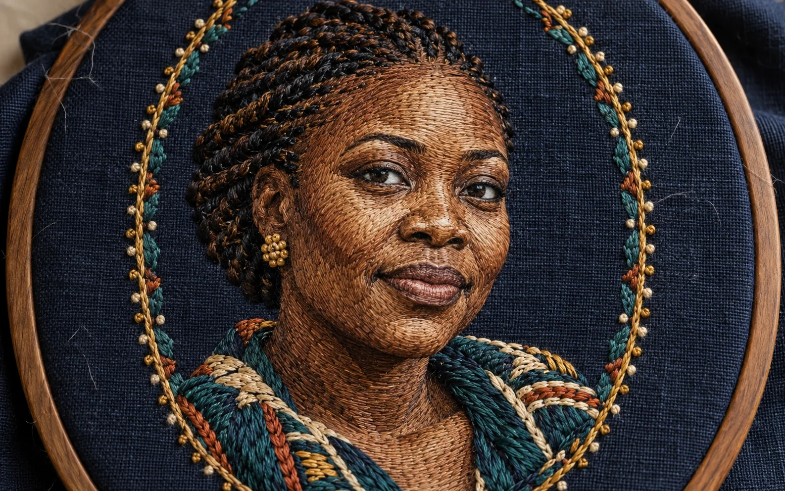 Dimensional embroidered portrait photographed on fabric