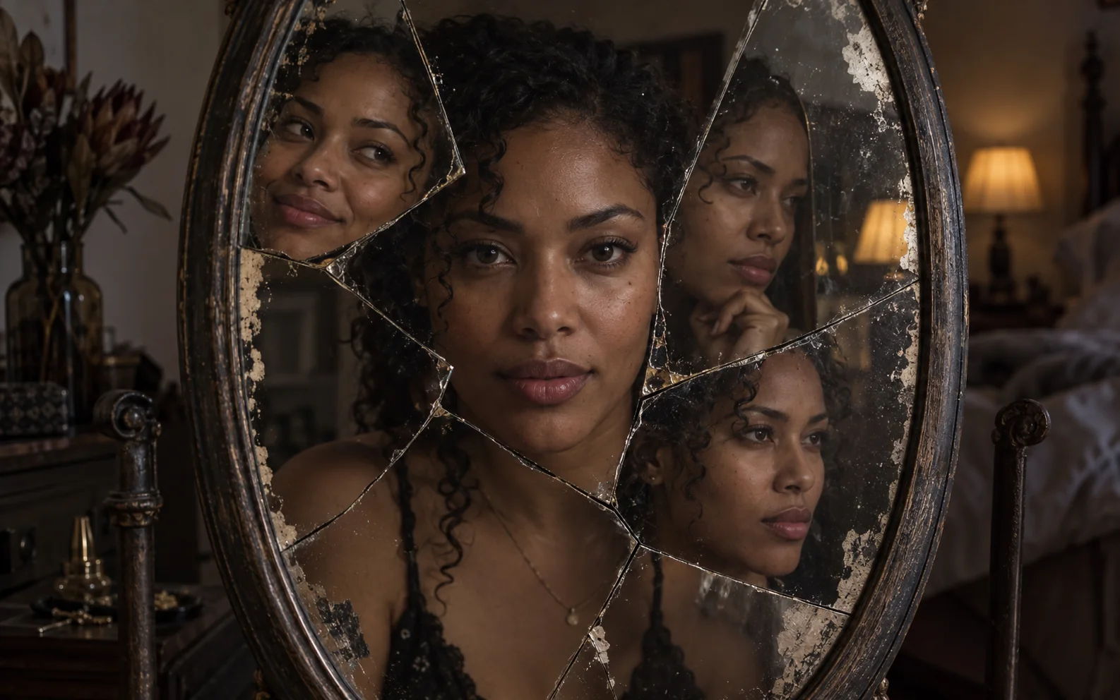 One coherent adult portrait reflected across a cracked mirror