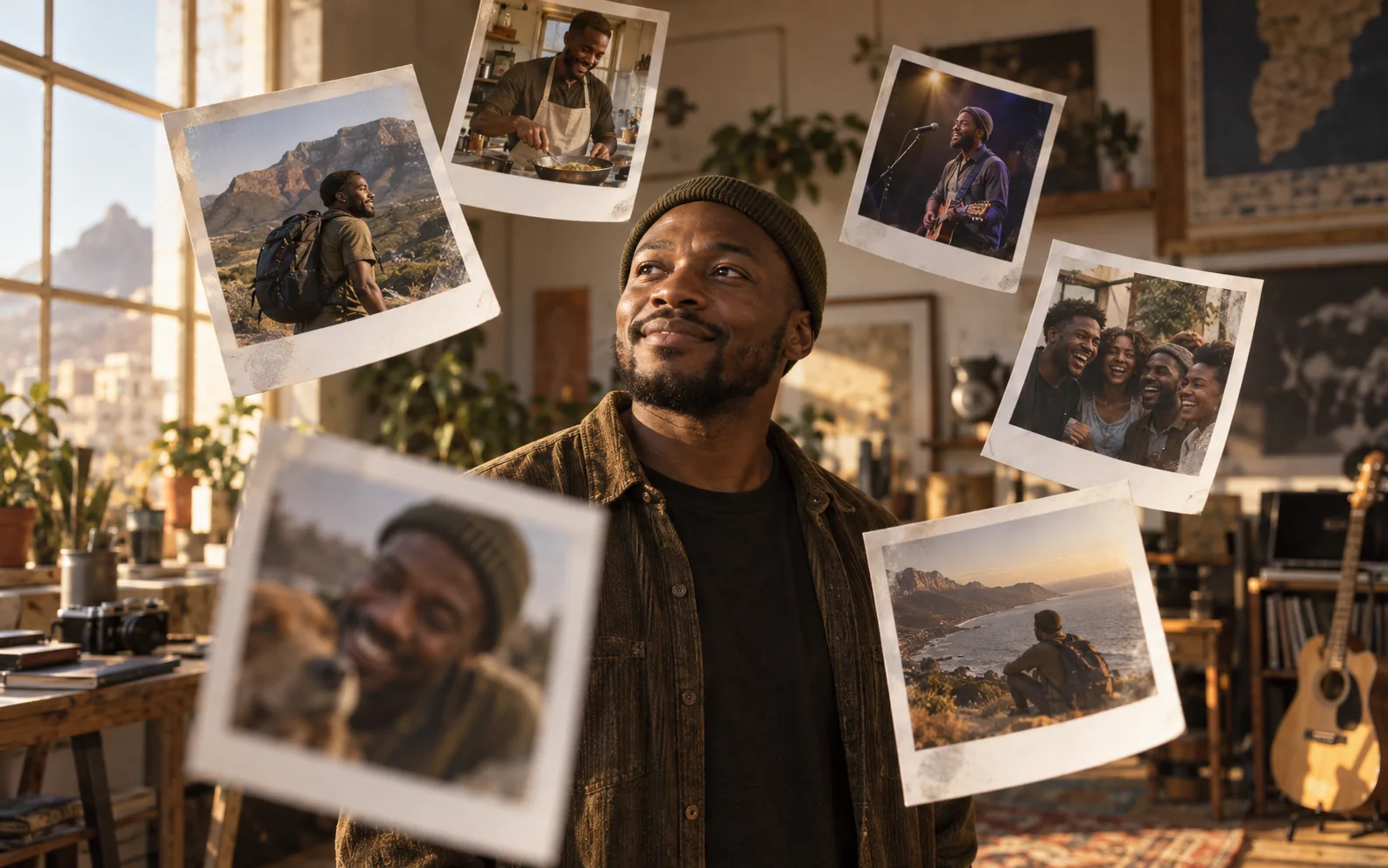 Adult portrait surrounded by floating instant photographs of related moments