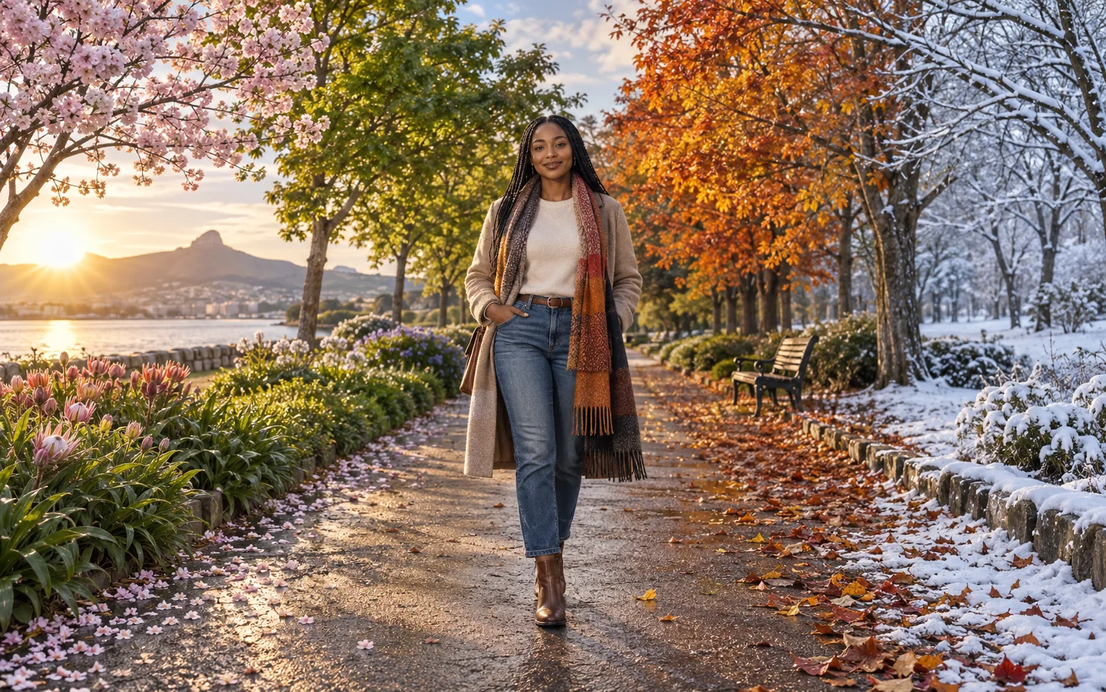 One adult portrait in a landscape transitioning through four seasons