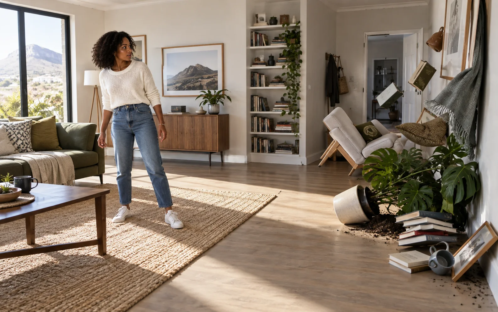 Adult standing normally while room objects fall toward a wall