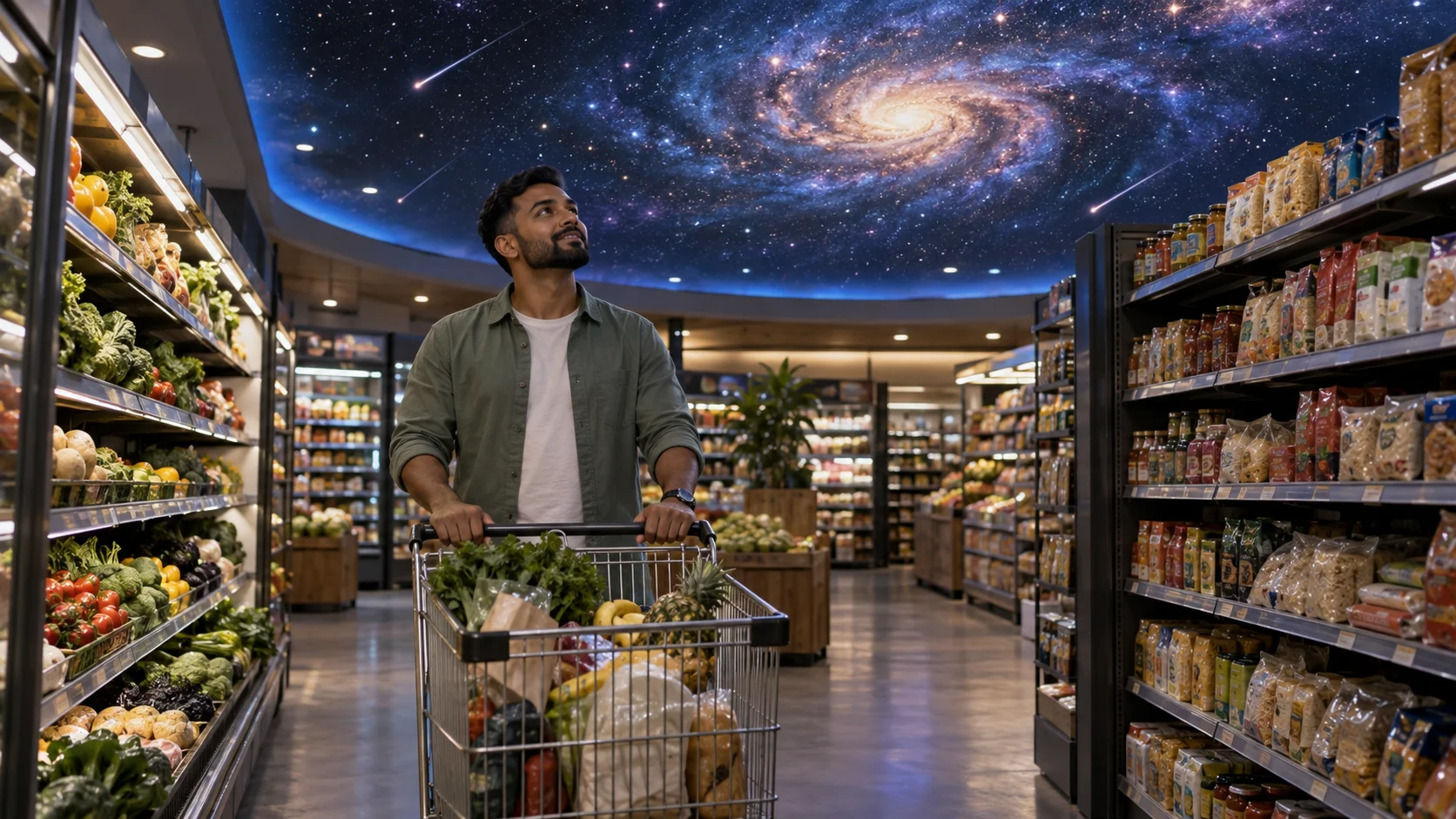 Synthetic illustrative image for Turn the aisle around me into a planetarium