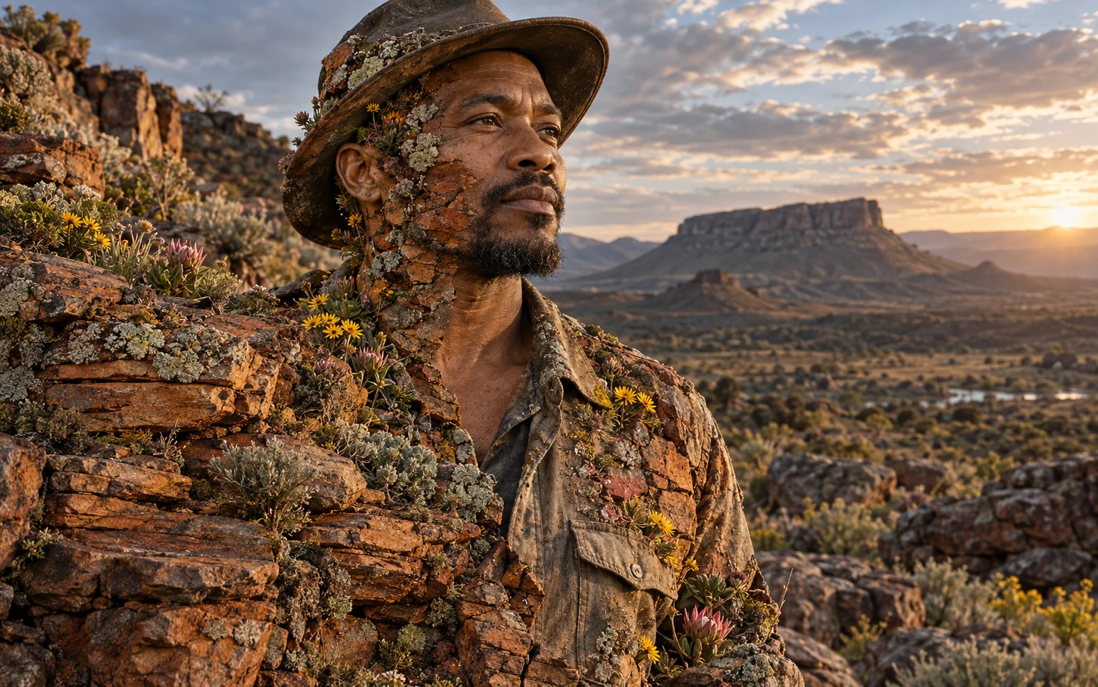 Adult portrait transforming into sandstone and wildflowers