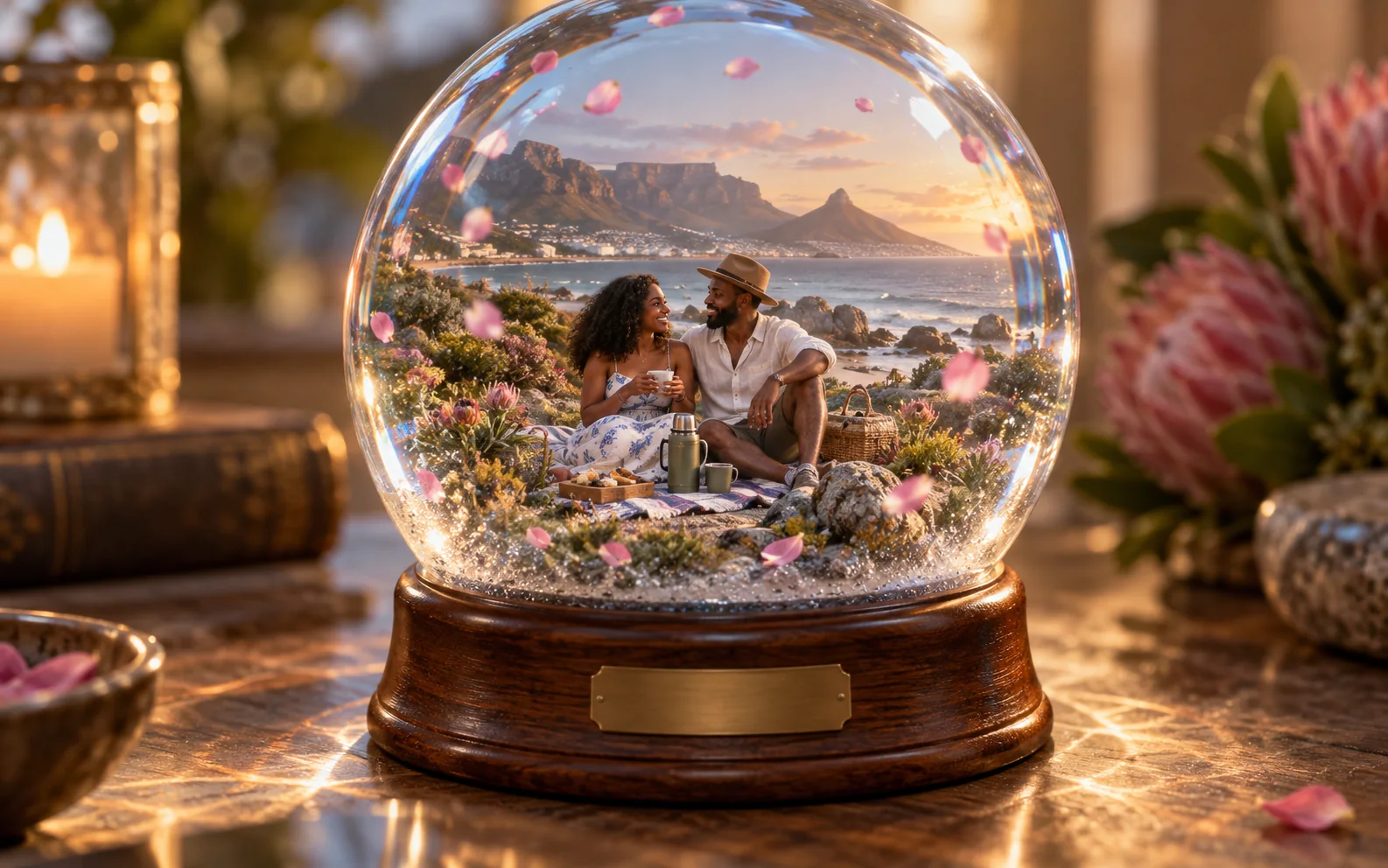 Personal coastal picnic memory recreated inside a glass snow globe