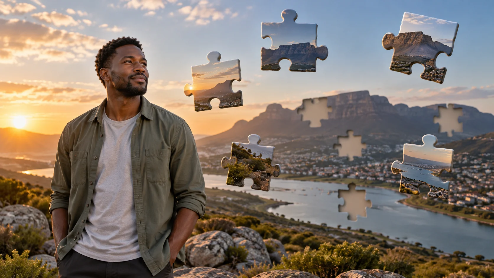 Synthetic illustrative image for Let the scene become floating puzzle pieces