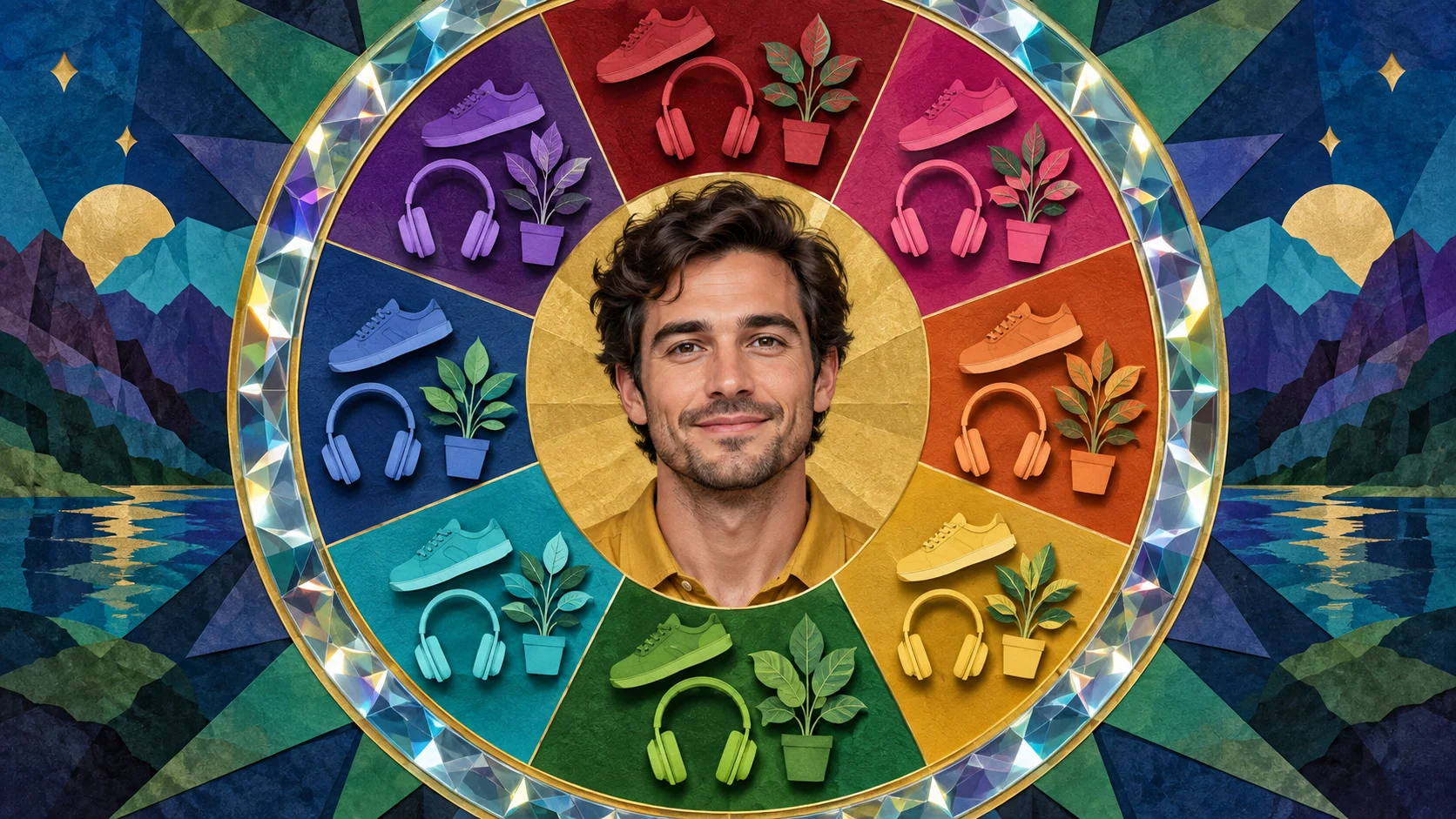 Synthetic illustrative image for Surround my real face with an object kaleidoscope