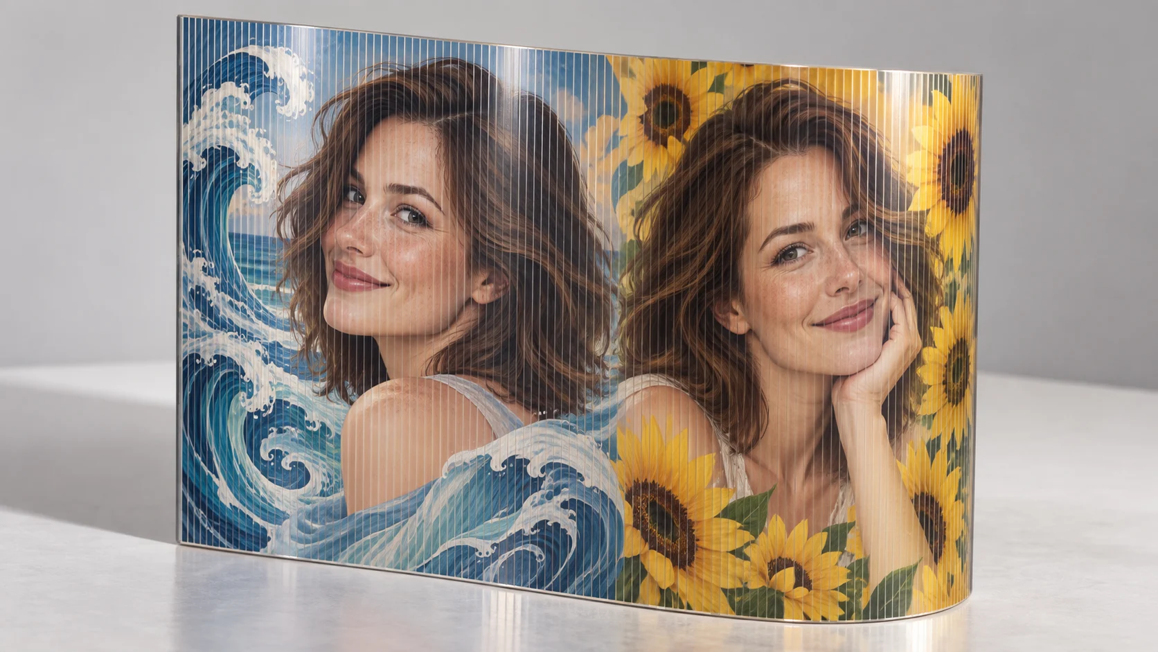 Synthetic illustrative image for Show two lenticular-style views in one portrait still