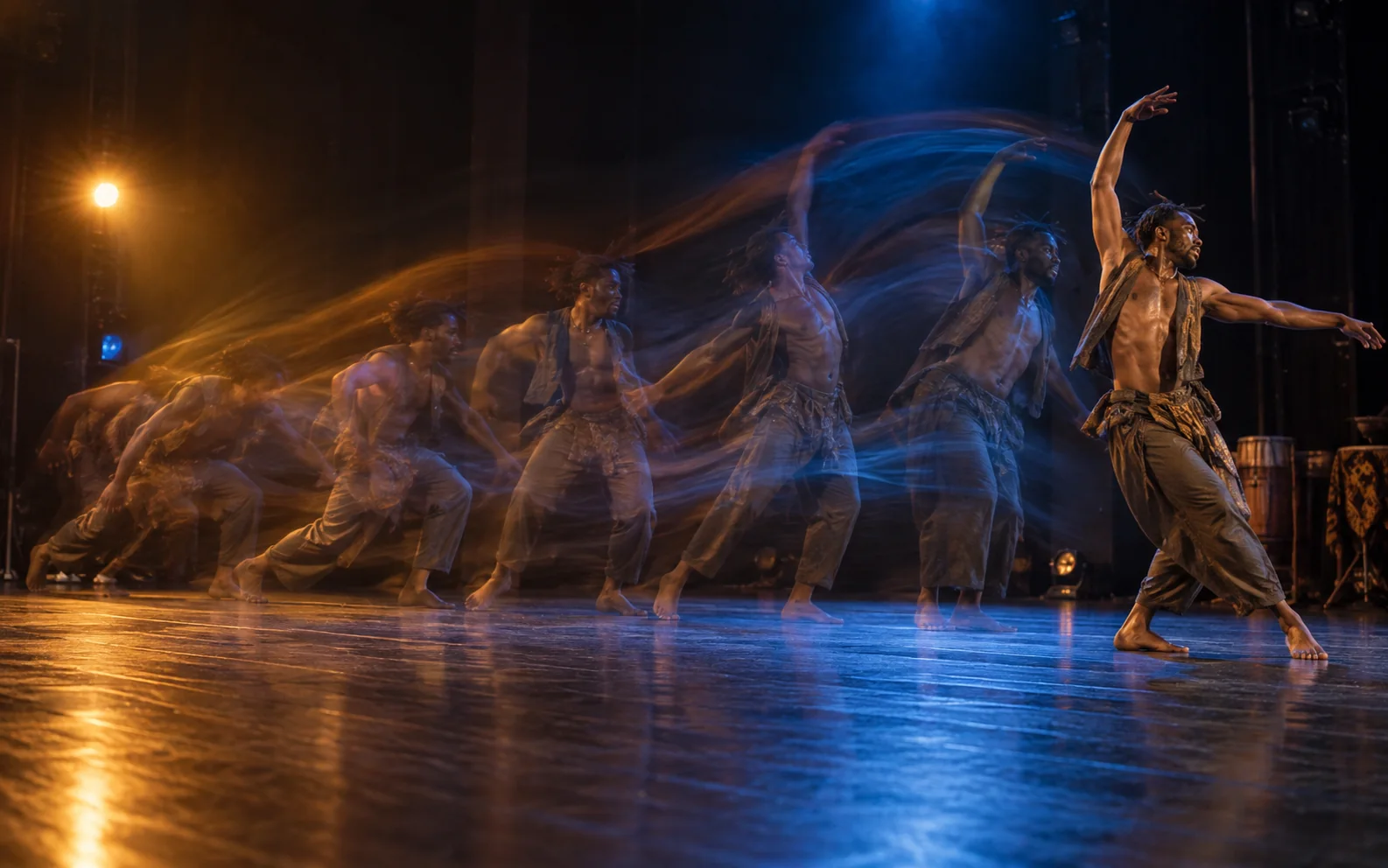 Dancer surrounded by realistic long-exposure motion echoes