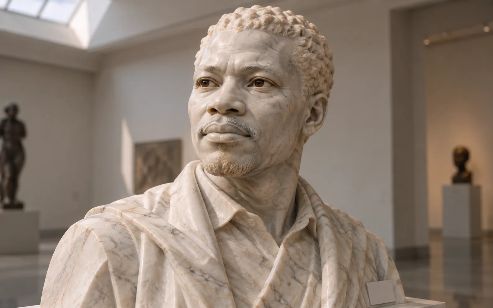 Marble museum sculpture with subtle living eyes