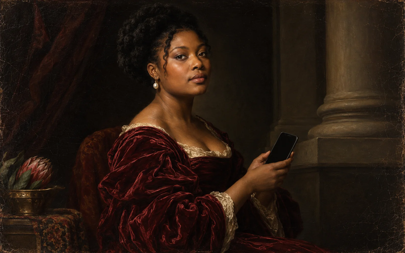 Old-master-inspired portrait of an adult holding a modern smartphone