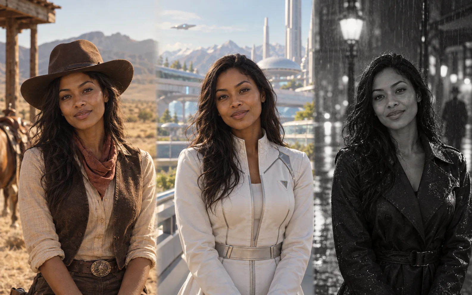 Triptych showing one adult portrait across three cinematic genres