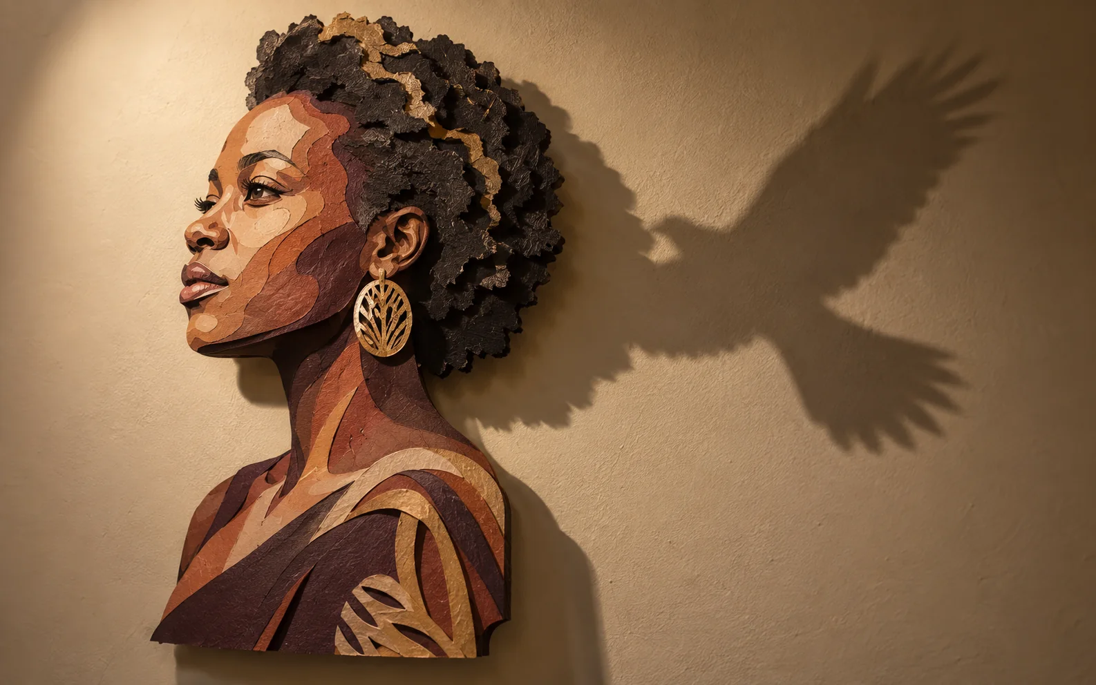 Layered paper portrait casting a hidden bird-shaped shadow