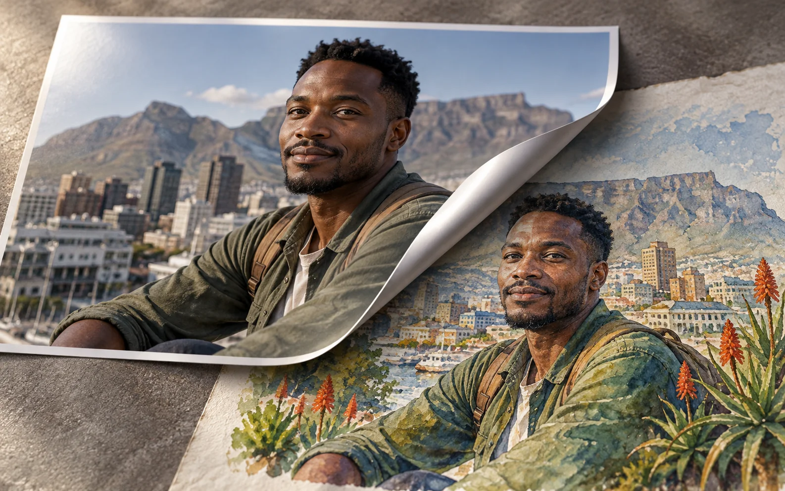 A printed portrait peeling back to reveal an aligned painted world