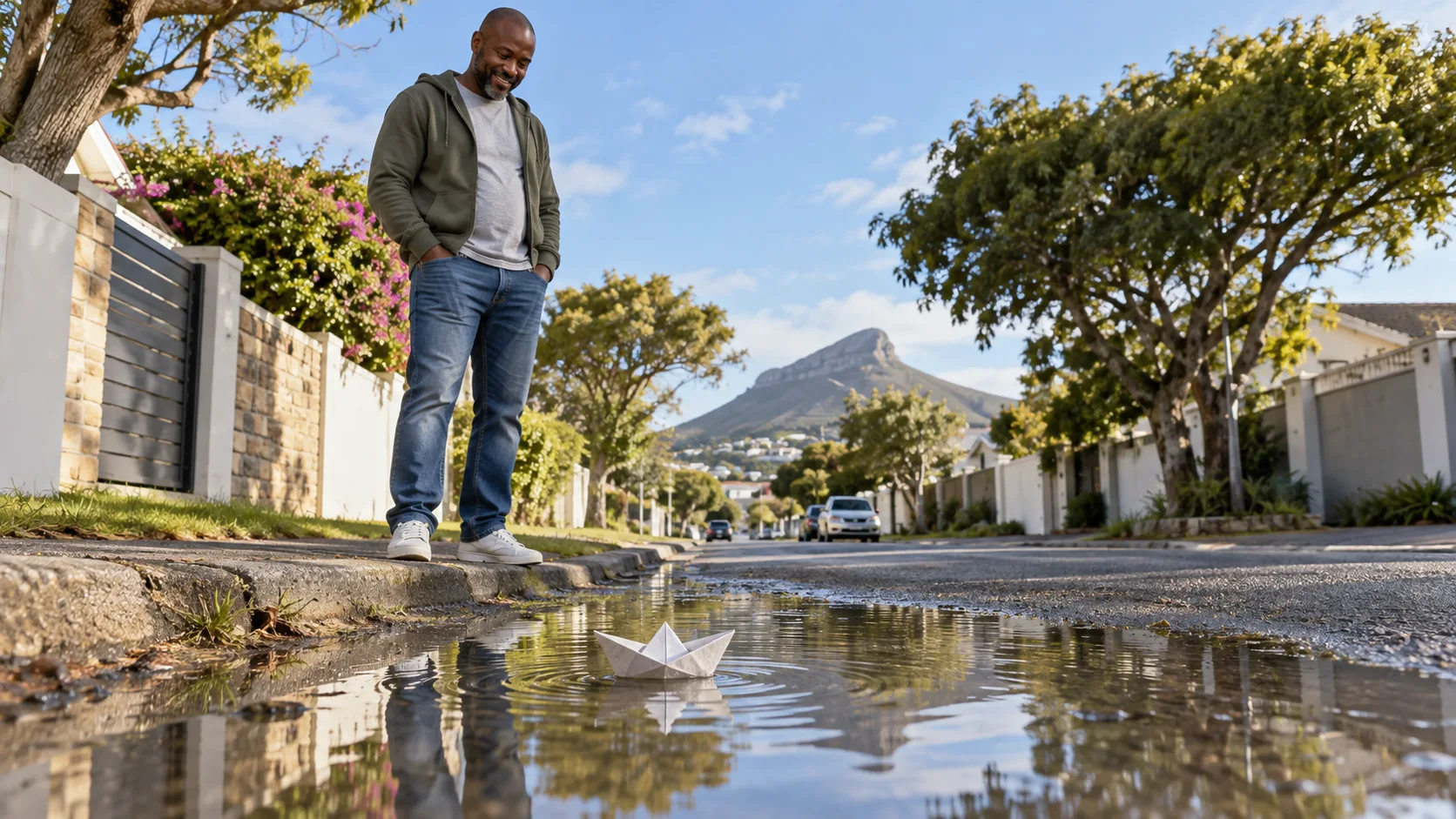 Synthetic illustrative scene of an adult looking at a paper boat floating in a street puddle