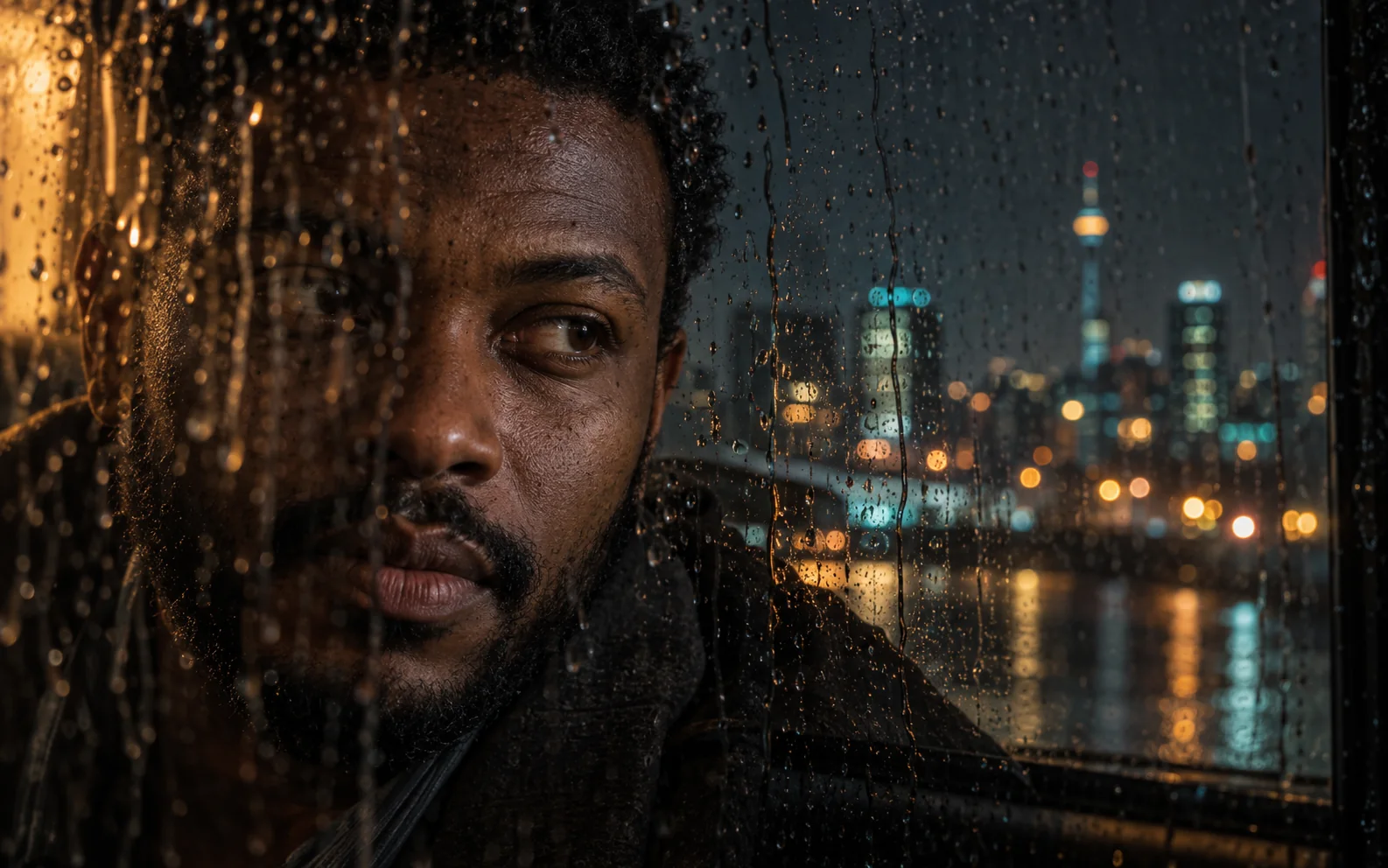 Adult portrait photographed through rain-covered glass at night