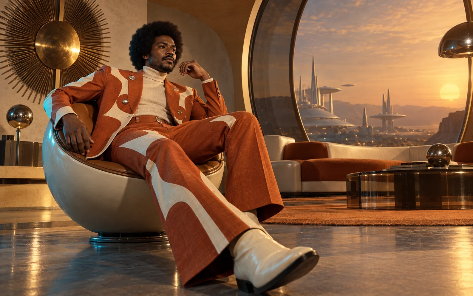 1970s-inspired retro-futurist fashion editorial portrait