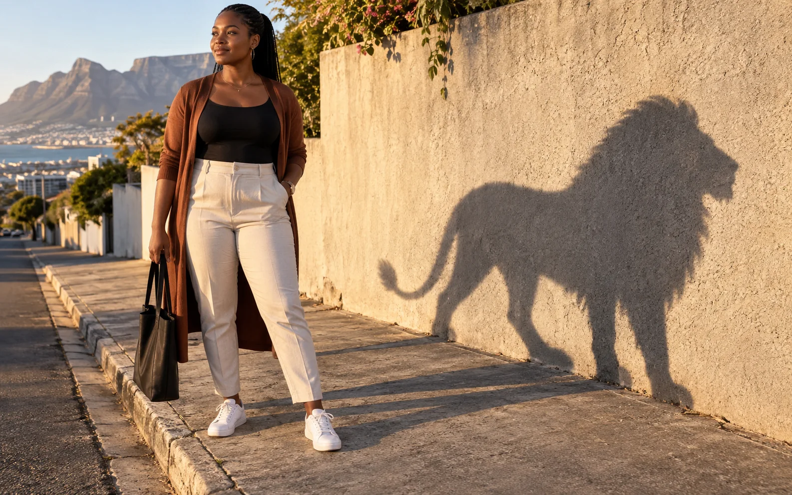 Adult street portrait casting a realistic lion-shaped shadow