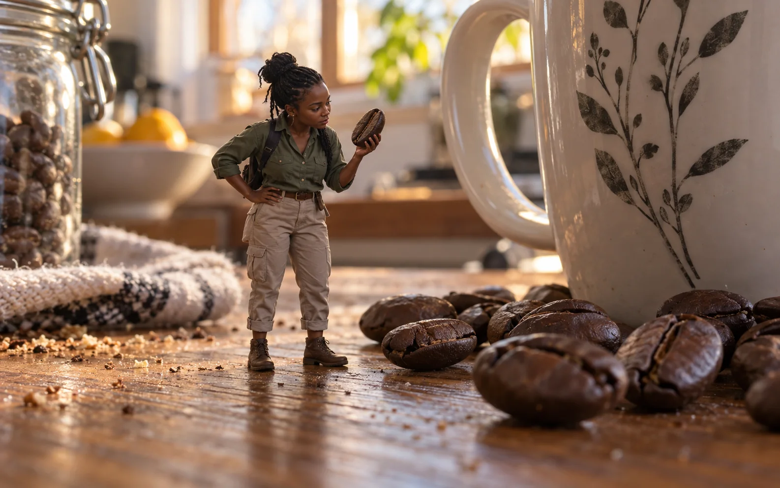 Tiny adult explorer standing beside oversized coffee beans and a mug
