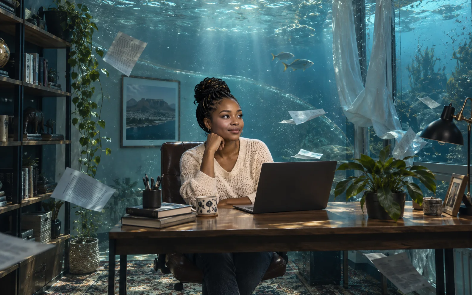Submerged home office containing an impossibly dry adult subject