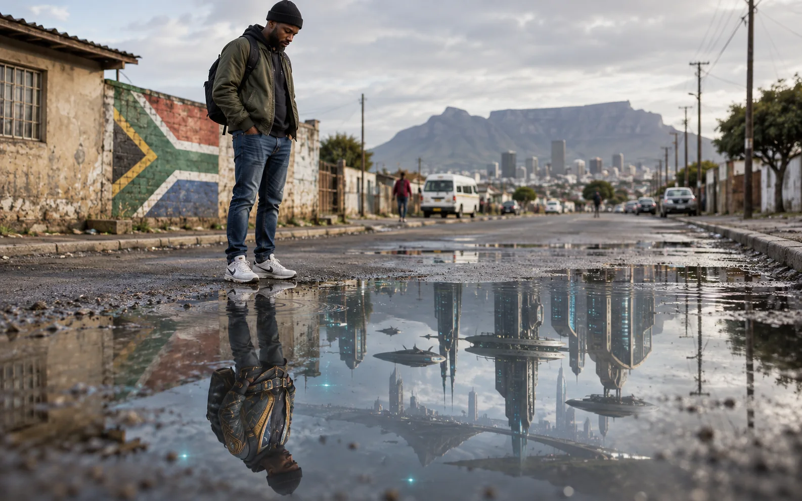 Ordinary street portrait with an alternate world visible in a puddle reflection