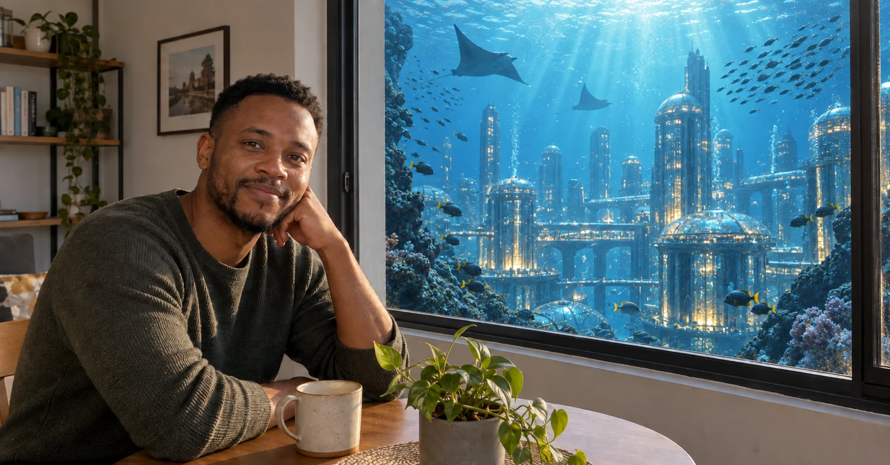 Illustrative edit of a fictional person beside a window: only the outdoor view changes to an underwater world