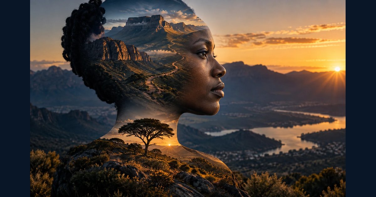 Fine-art double exposure combining an adult profile and a mountain landscape