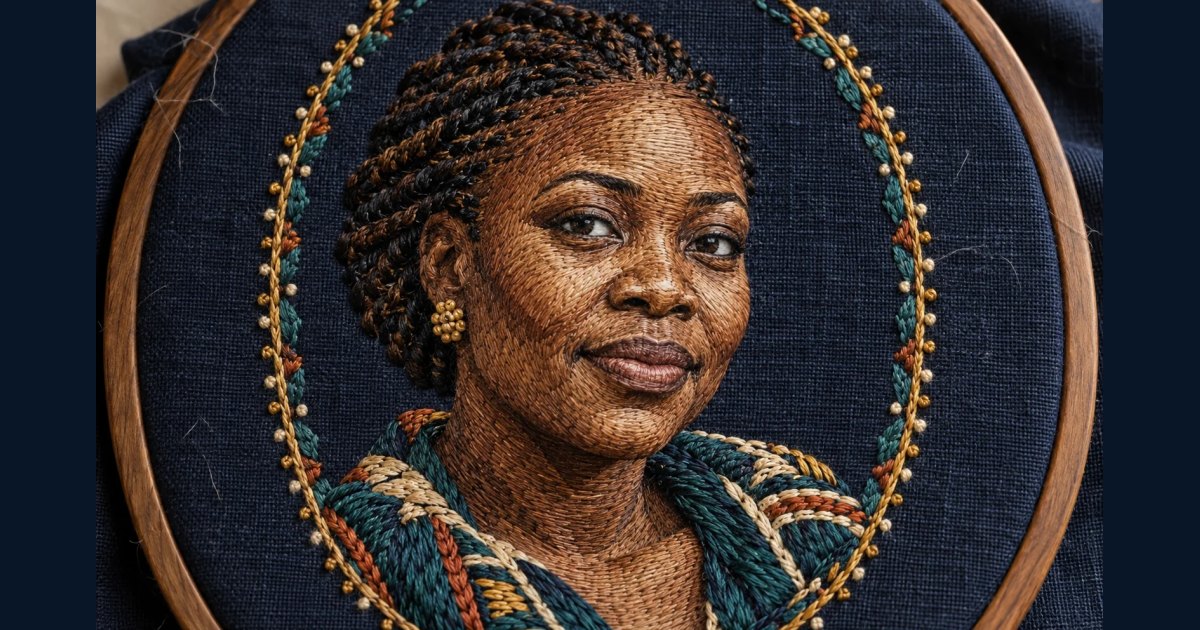 Dimensional embroidered portrait photographed on fabric