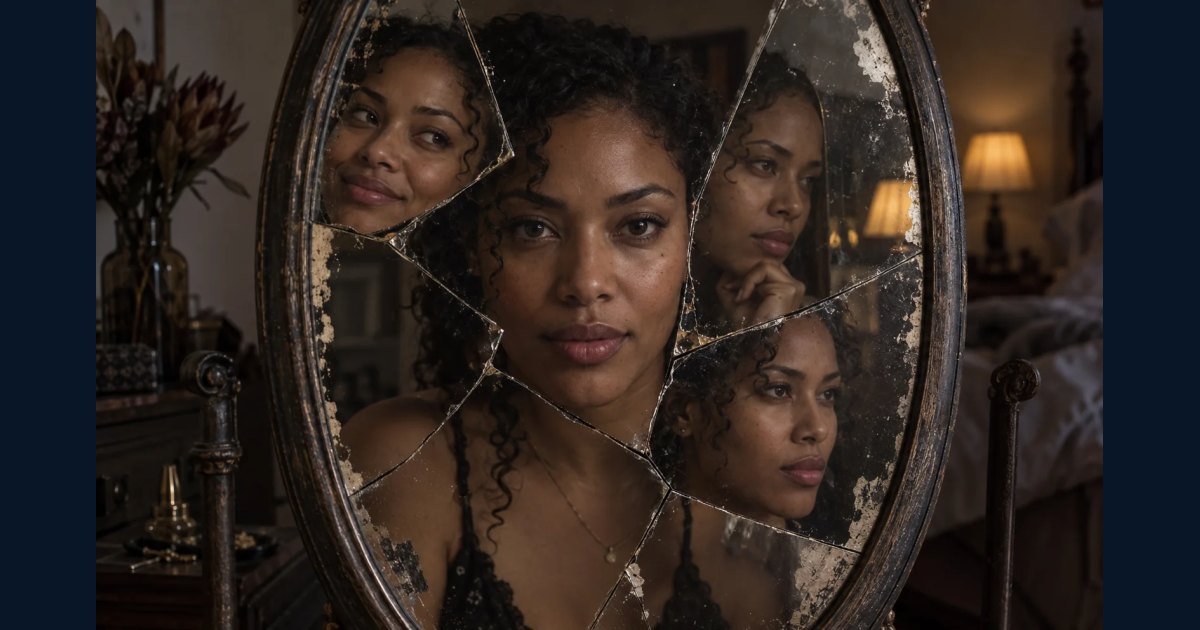 One coherent adult portrait reflected across a cracked mirror