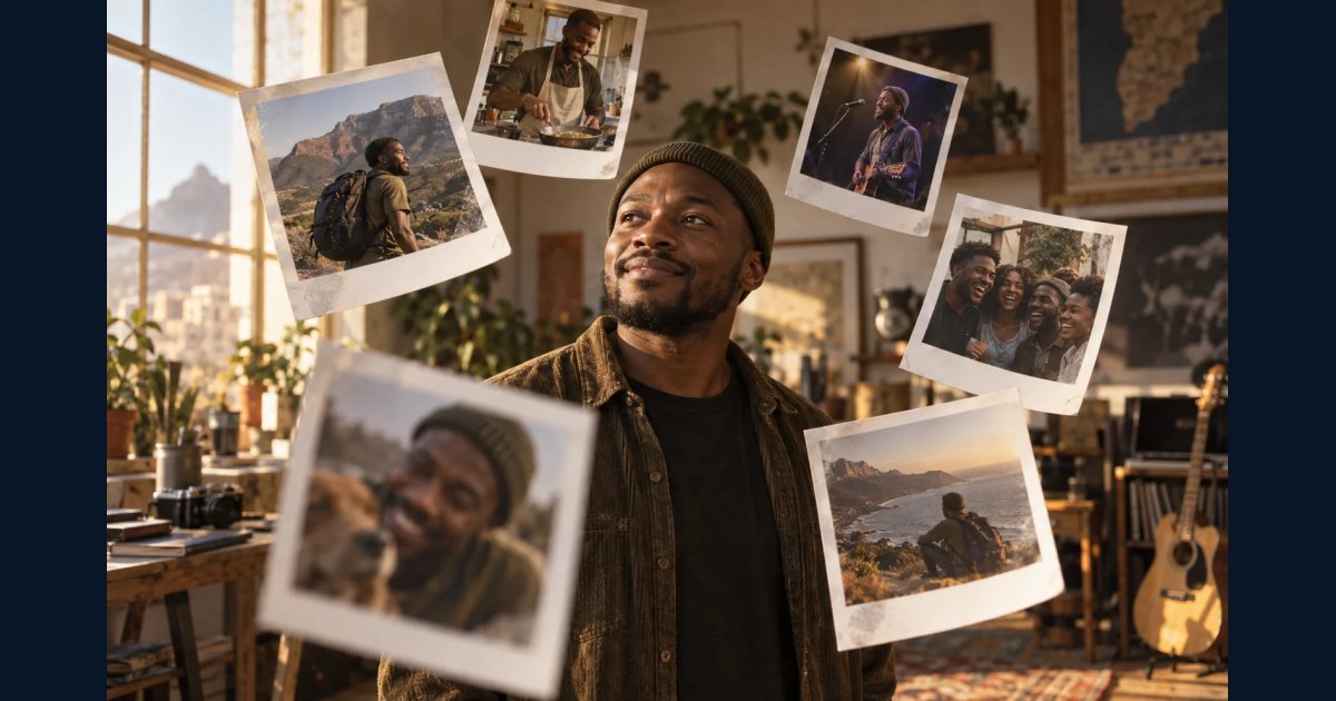 Adult portrait surrounded by floating instant photographs of related moments