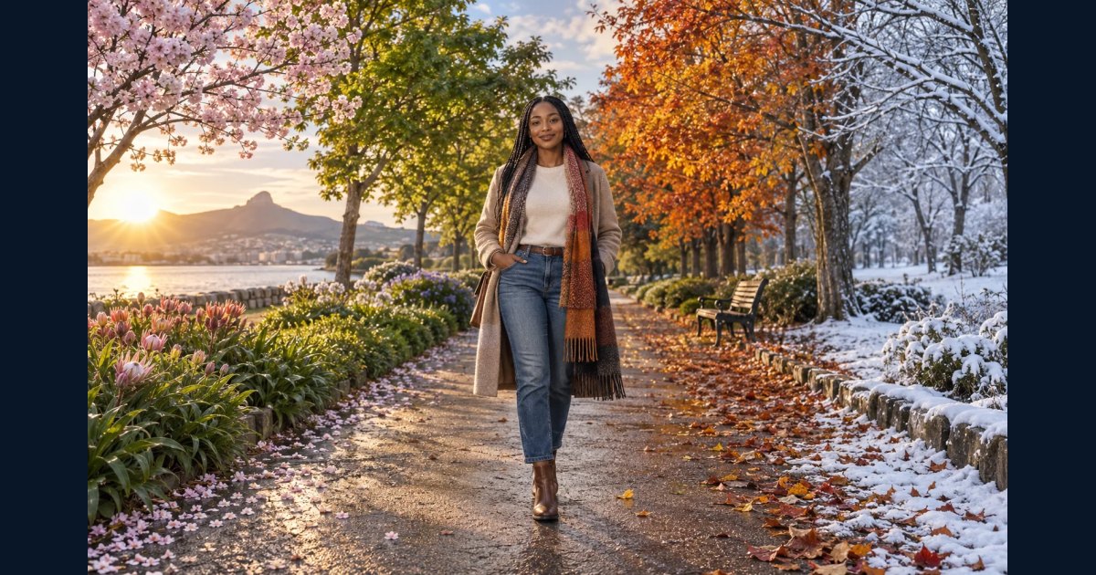 One adult portrait in a landscape transitioning through four seasons