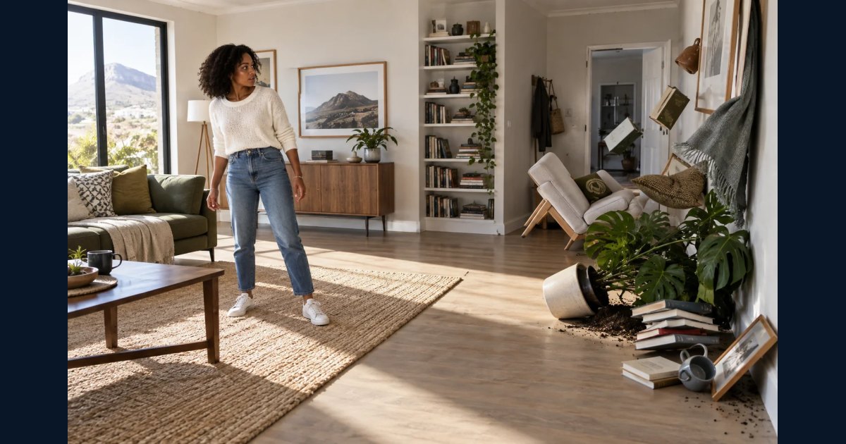 Adult standing normally while room objects fall toward a wall