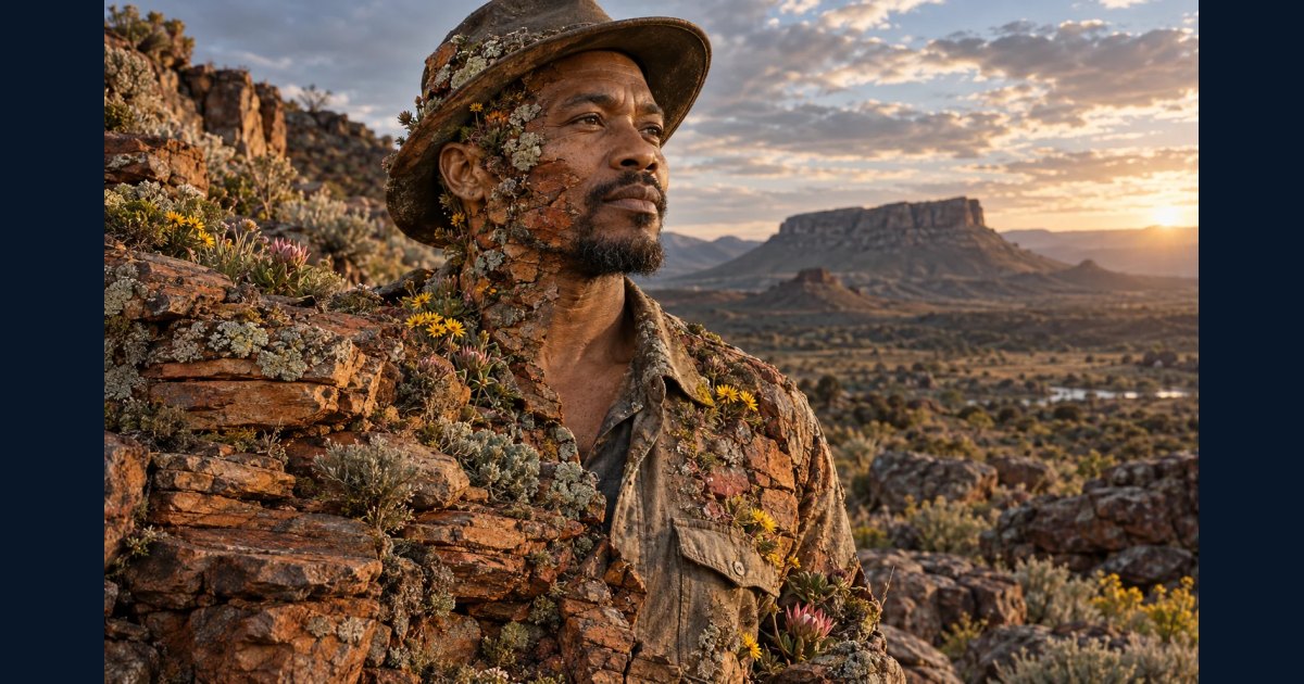 Adult portrait transforming into sandstone and wildflowers