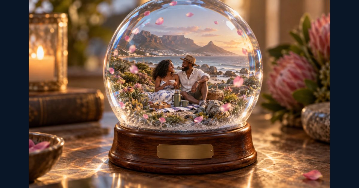 Personal coastal picnic memory recreated inside a glass snow globe