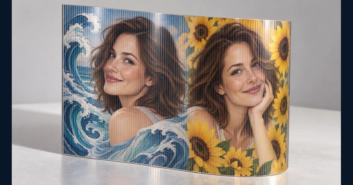 Synthetic illustrative image for Show two lenticular-style views in one portrait still