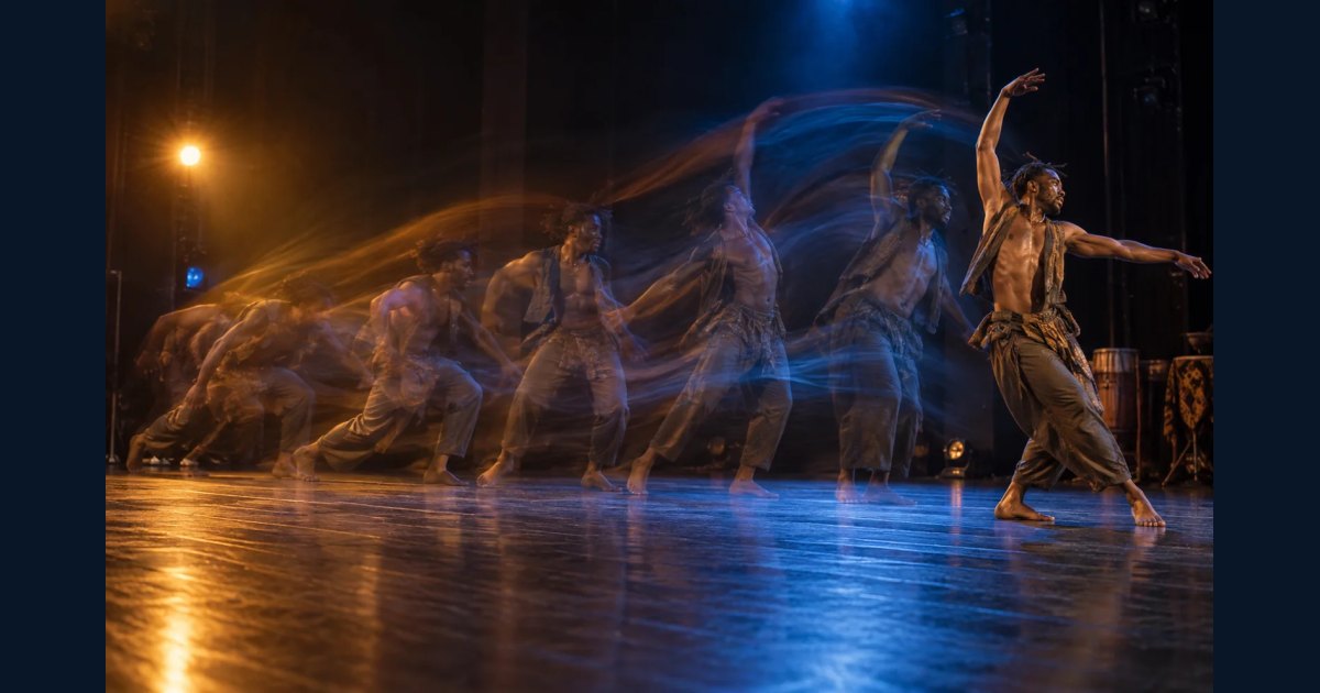 Dancer surrounded by realistic long-exposure motion echoes