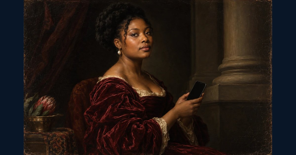 Old-master-inspired portrait of an adult holding a modern smartphone