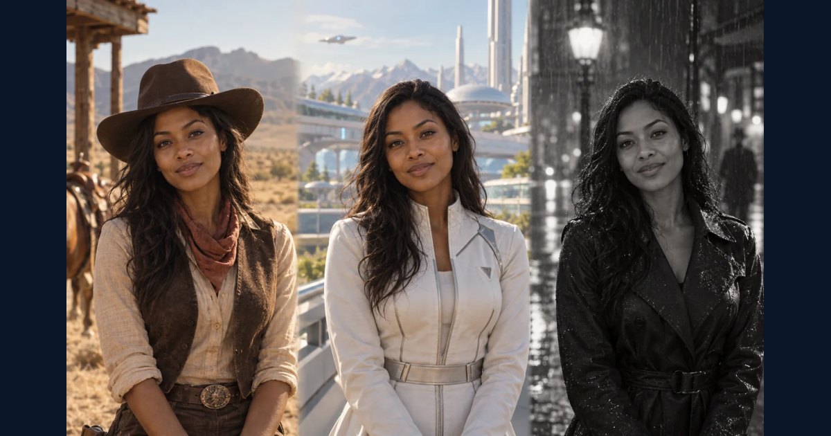Triptych showing one adult portrait across three cinematic genres