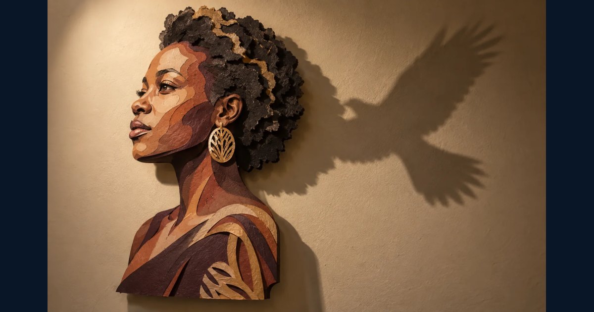 Layered paper portrait casting a hidden bird-shaped shadow