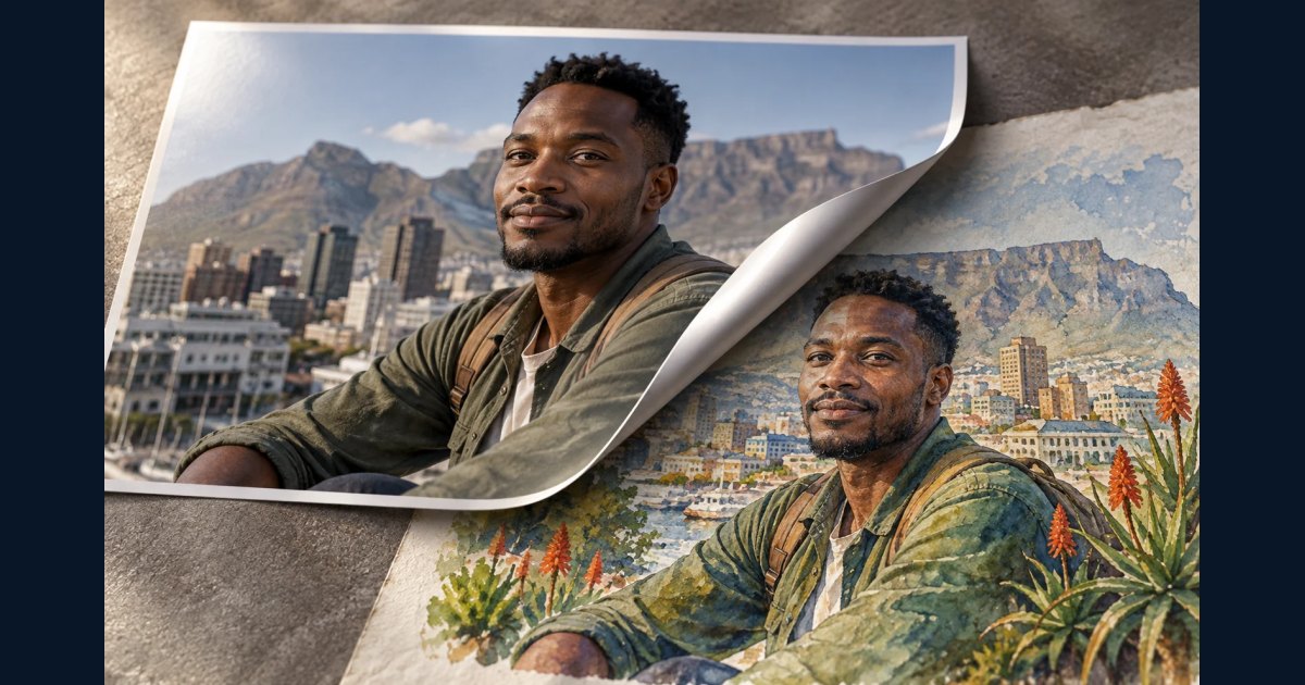 A printed portrait peeling back to reveal an aligned painted world