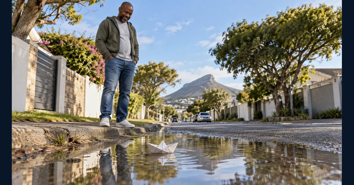 Synthetic illustrative scene of an adult looking at a paper boat floating in a street puddle