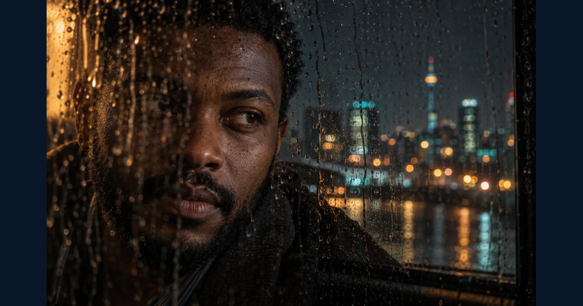Adult portrait photographed through rain-covered glass at night