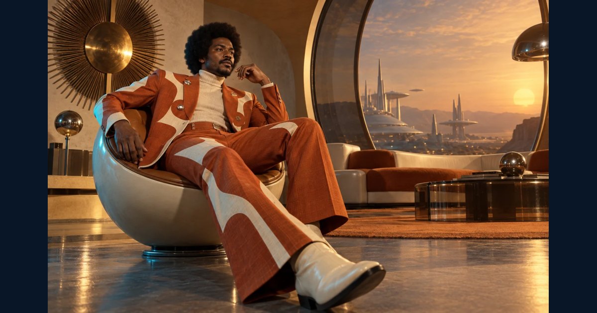 1970s-inspired retro-futurist fashion editorial portrait