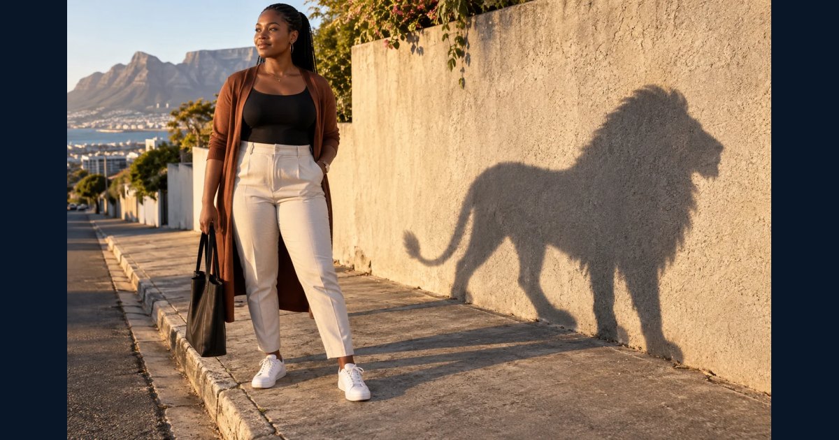 Adult street portrait casting a realistic lion-shaped shadow