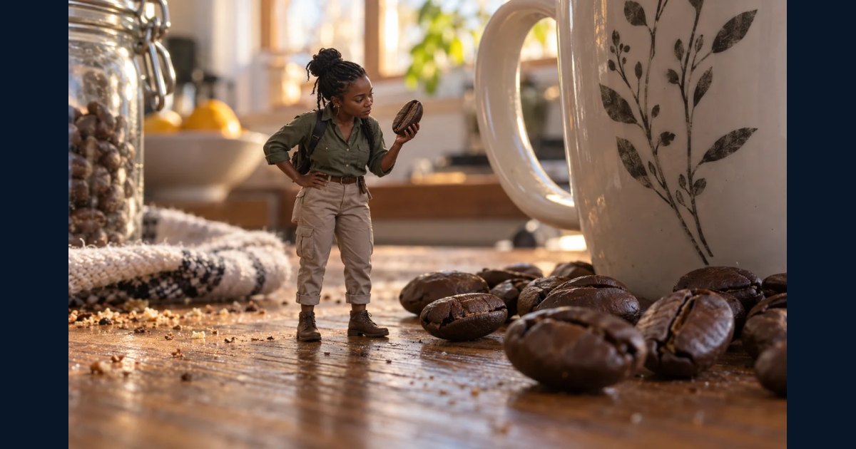 Tiny adult explorer standing beside oversized coffee beans and a mug