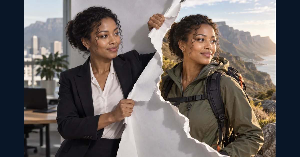 One adult appearing as two contrasting selves through torn photographic paper
