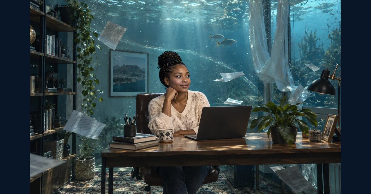 Submerged home office containing an impossibly dry adult subject