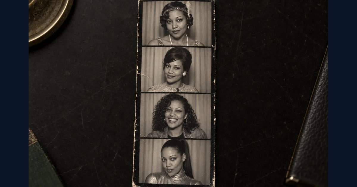 Four-era analogue photobooth strip of the same adult