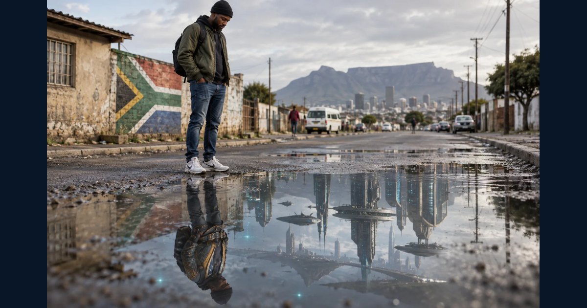Ordinary street portrait with an alternate world visible in a puddle reflection
